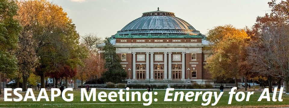 Photo of Foellinger Auditorium during Fall with white text overlay - ESAAPG Annual Meeting: Energy for All